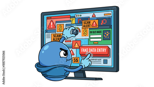 Cartoon Character Pointing to "Fake Data Entry" on Computer Screen