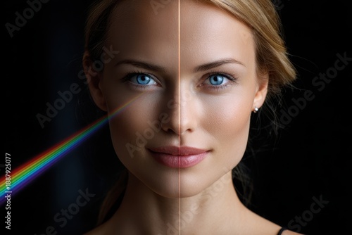 Duality of light and beauty in a striking portrait of a woman with blue eyes