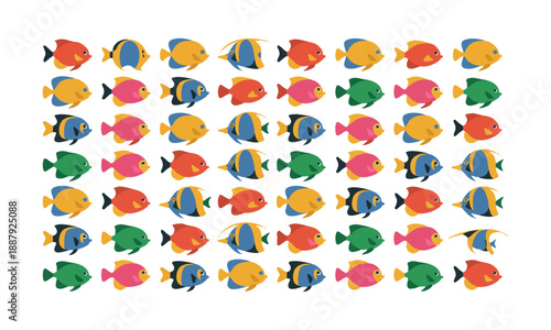 Flat Style Tropical Fish Set Isolated On White Background, easily editable.