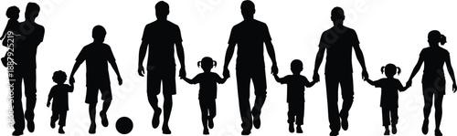 Happy family silhouettes walking together, parents and children holding hands, family bonding concept, unity, love, parenting, childhood, outdoor lifestyle