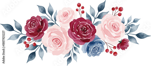 Watercolor painting of roses and leaves in shades of pink red and blue