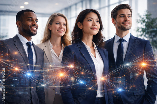 Diverse business team standing together with digital data network representing collaboration corporate success artificial intelligence driven strategy and modern leadership