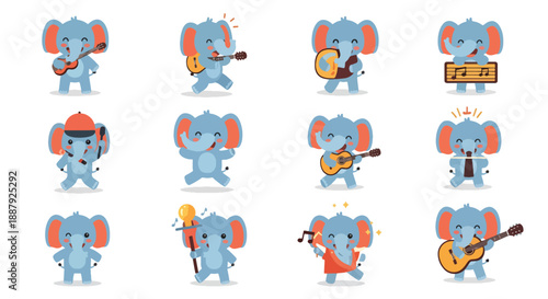 Cute Elephant Cartoon Playing Musical Instruments Set