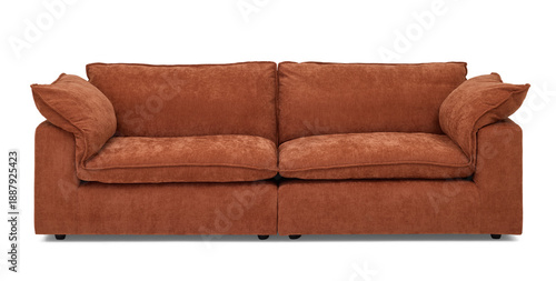 A contemporary white leather luxury sofa with comfortable cushions is isolated on a white background as a 3d object for modern home interior furniture design