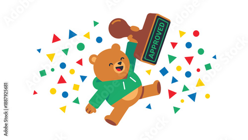 Approved! Cheerful Bear with Stamp and Confetti