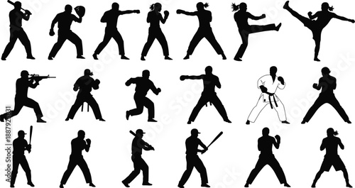 Martial arts fighter silhouettes set showing karate, boxing, kick and combat poses, powerful self defense action illustration design