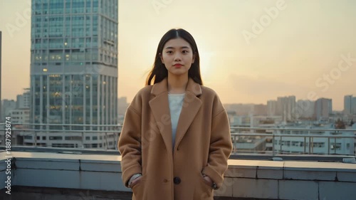 Asian woman in camel coat standing still on rooftop at golden hour with cinematic city background