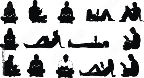People reading book silhouettes set showing men and women sitting lying relaxed, education leisure lifestyle illustration for learning design