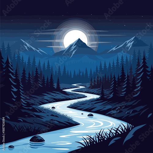 Serene Moonlit River Winding Through a Dark Pine Forest and Majestic Mountains Under a Starry Night Sky - Tranquil Nature Landscape Illustration