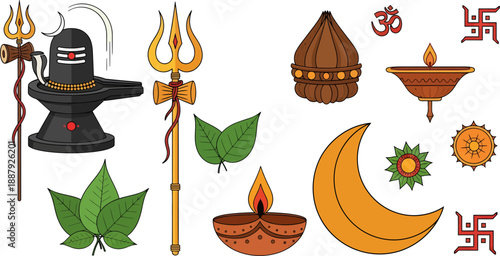 Hindu religious symbols and icons, shiva lingam, trishul, om, swastika, diya, crescent moon