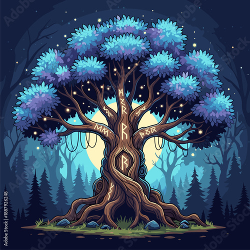 Mystical Ancient Tree with Glowing Blue Leaves and Runes in an Enchanted Forest at Night, Bathed in Moonlight