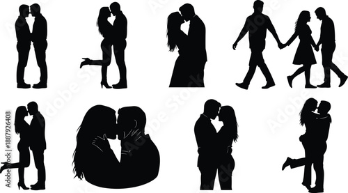Romantic couple silhouettes set showing love, hugging, kissing and walking together poses, relationship and dating illustration for valentine design
