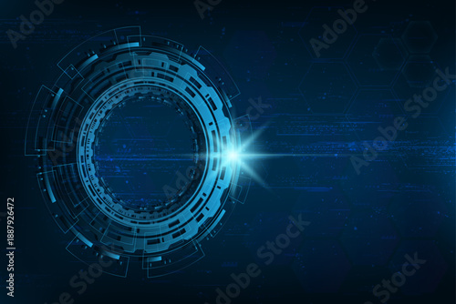 Blue circular tech interface with hexagonal grid on dark background. Futuristic HUD, digital ring, cybernetic interface, data visualization, technology wallpaper. 