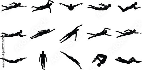 Swimming silhouettes showing freestyle and diving motions, underwater body movement sequence, aquatic sport fitness concept, speed, strength, endurance