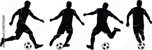 Soccer player silhouettes set showing dribbling and kicking ball actions, football sport motion illustration for training, competition design use