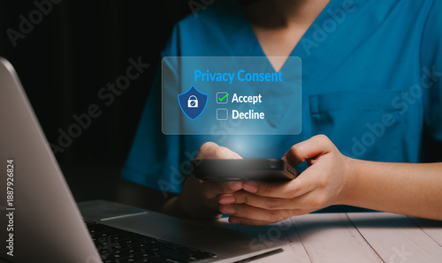 Privacy consent concept. Business professional accepting data privacy agreement on smartphone interface, user permission control, digital trust management, personal data protection.