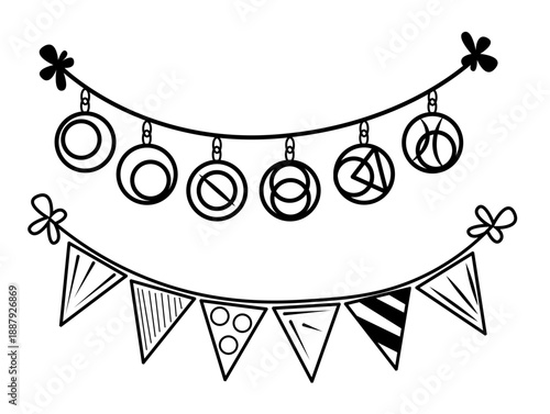 Hand drawn decorative garland with hanging ornaments and bunting flags in black outline style.