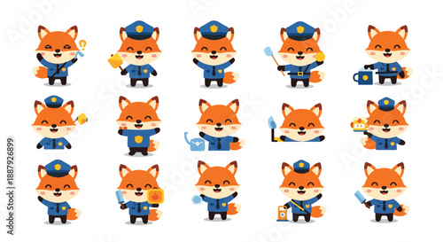 Set Of Cartoon Fox Police Officer Characters