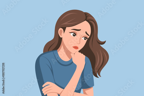 Sad young woman suffering. Worried woman thinking. Illustration.