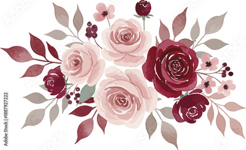 A bouquet of pink and red roses and flowers with leaves on white background
