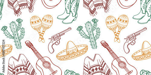 Seamless pattern in Mexican fiesta style with hand drawn elements of Mexican culture sombrero, guitar, cactus, horseshoe.
