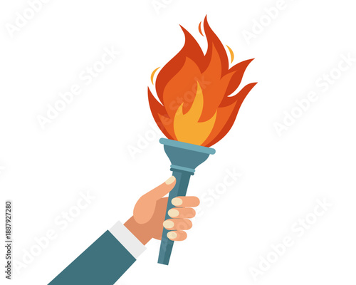 Flaming torch in hand icon. Hand holding flaming torch. Illustration.