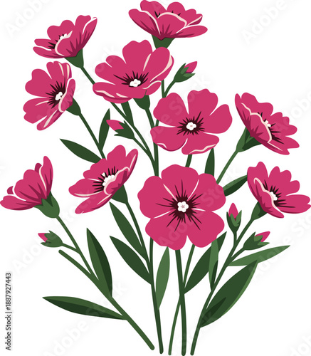 A bouquet of pink flowers with green stems and leaves on white background