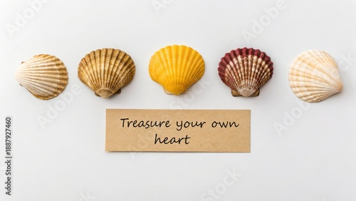 Three decorative seashells in a row with inspirational message
