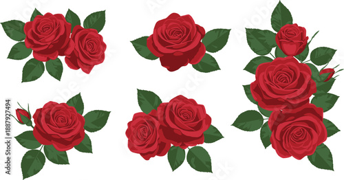 Five arrangements of red roses with green leaves on white background