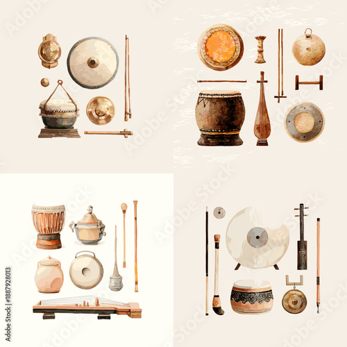 Traditional music instruments illustration with drums gongs mallets cymbals and ritual objects. Ethnic percussion collection inspired by cultural heritage.