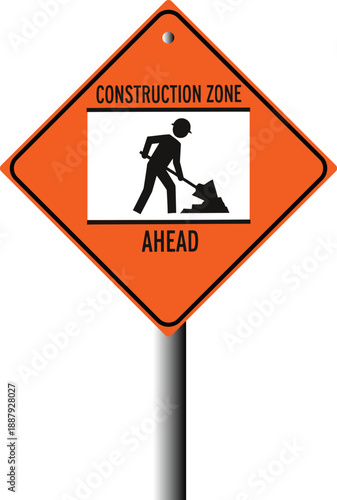 Orange diamond construction zone ahead warning sign with worker silhouette vector