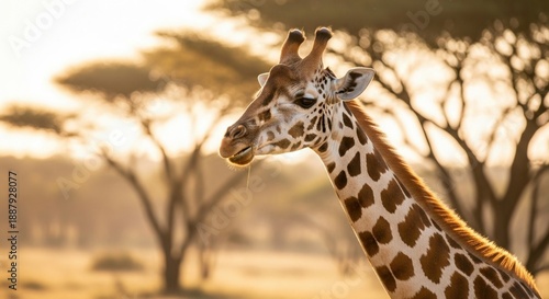 Giraffe portrait in savannah at golden hour with warm sunlight