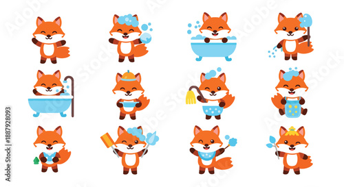 Cute Cartoon Fox Taking a Bath Clipart Collection