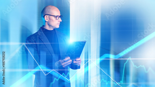 Cuadro en lienzo Financial data analyst reviews market performance on digital tablet, interpreting growth trends, investment charts, business metrics, and strategic decision analytics