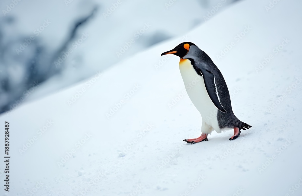 Obraz premium King penguin walks on snowy slope. Bird has orange markings on head and beak. Penguin moves forward across white, cold arctic landscape. Wildlife theme with focus on animal.