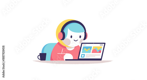 Cute cartoon character wearing headphones and working on a laptop with charts on screen.