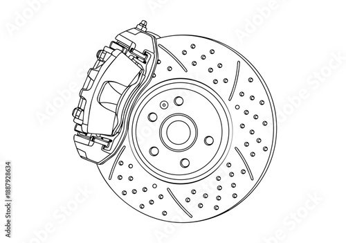 Vector illustration of a car brake disc with caliper, detailed line art for automotive technical drawings and design
