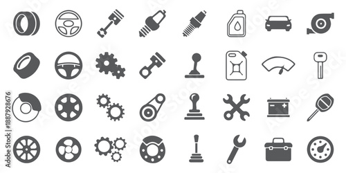 Comprehensive car parts and repair tools icon set for vehicle maintenance and service, featuring engines, tires, wrenches, and other automotive components – vector illustration collection