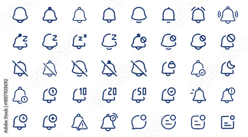 Extensive set of notification bell icons showing different alert and status states, including active, muted, unread, and reminder notifications – modern vector illustration collection