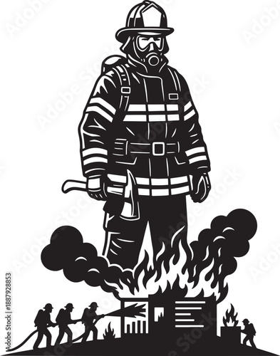 Firefighter Silhouette Battling House Fire Heroic Fire Rescue Illustration