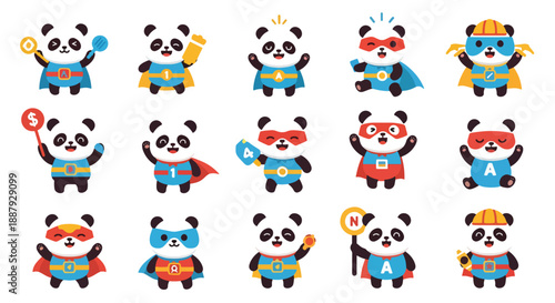 Set of Cute Panda Superhero Cartoon Characters