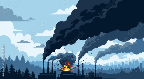 Industrial pollution vector illustration showing factory smoke stacks emitting dark fumes into the sky over a city