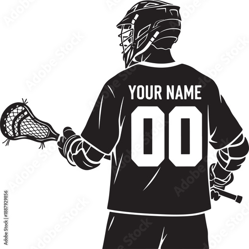 Lacrosse Player Silhouette with Helmet and Stick Rear View
