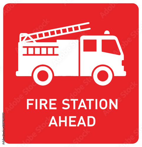 White fire truck ladder icon with text fire station ahead on red background engine vehicle