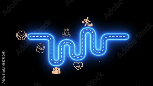 Employee wellbeing idea on the black background. Creating employee benefits and satisfaction programs. Fostering a positive work culture and employee engagement. Motion graphics of wellbeing concept.