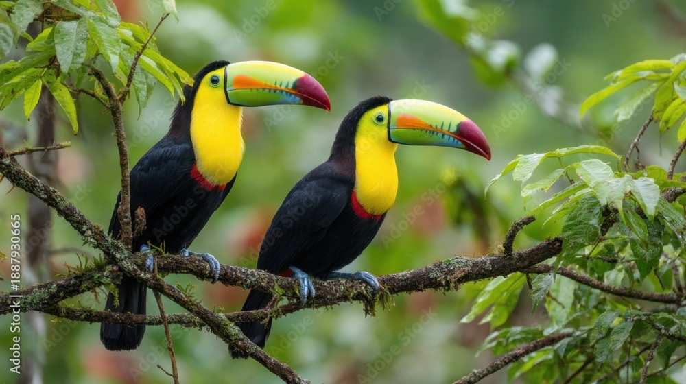 Fototapeta premium Two colorful toucans perched on branch in lush greenery.