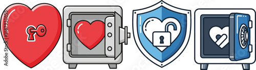 Safeguarding Love and Digital Health A Collection of Heart Protection Icons Featuring Keyholes, Shields, and Secure Safes, Symbolizing Emotional Security and Data Safety for Modern Living