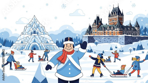 Smiling man in winter clothes enjoying snowfall with children playing sledding near ice hotel and castle