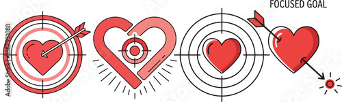 Set of four stylized hearts with targeting symbols, symbolizing love, connection, and achieving romantic goals in a graphic illustration