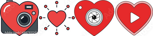 Heart-shaped digital media icons symbolizing love for photography, video, and social connection, perfect for romantic tech applications and user interfaces